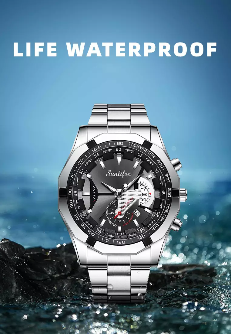 Jam Tangan Pria 9094 Original Kuarsa Kalender Tali Stainless Steel Jam Tangan Cowok(Kotak + Kartu Garansi) silver black