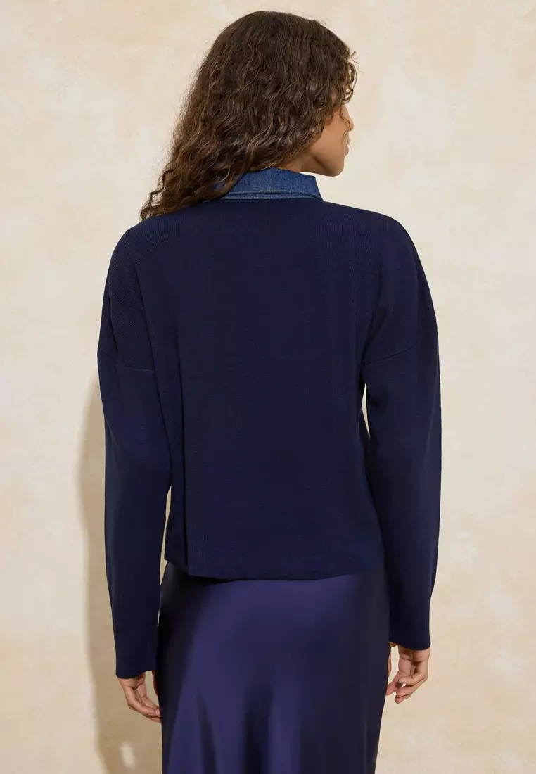 Navy Blue*1 Denim Paneled Polo Neck Knitwear Sweater Twoaw26Kz283