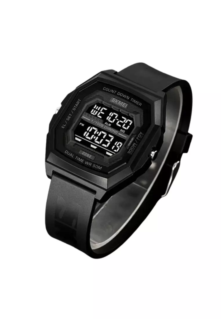 Jam Tangan Pria Digital Sport Watch EL Light Alarm Waterproof ORIGINAL - Black