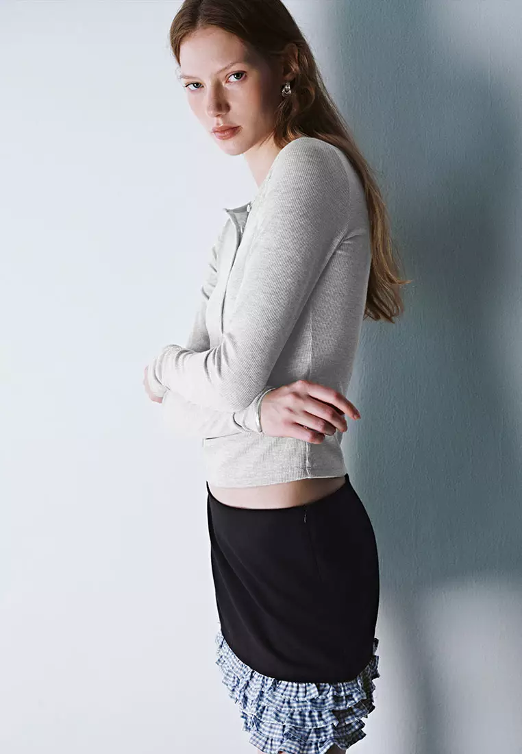 Plain Ribbed Slim-fit Long-sleeved T-shirt