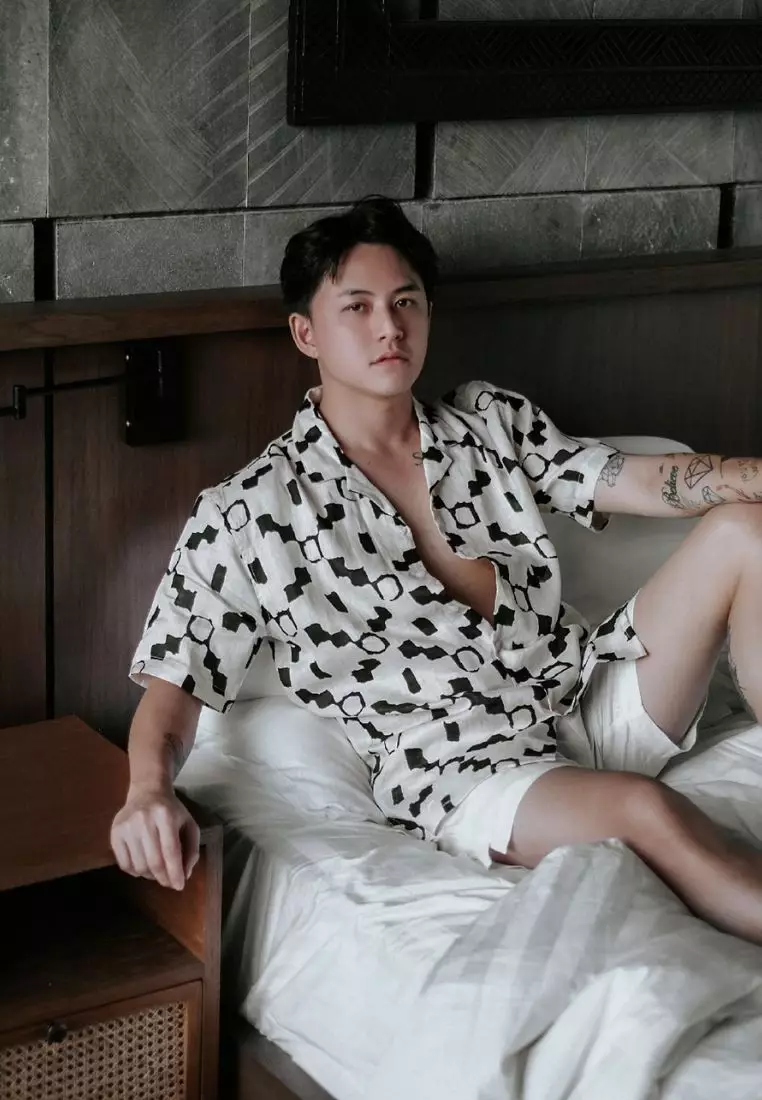 Austin Kemeja Linen Lengan Pendek Pria Cream Motif | Linen Short Sleeve Shirt Men Patterned Cream