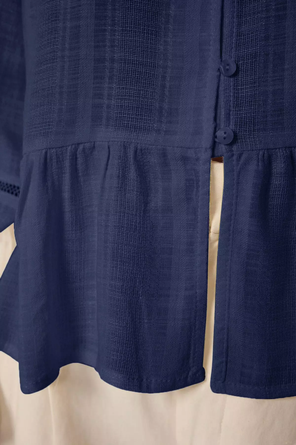 Navy Blue Cotton Textured Fabric Laced Sleeve Regular Regular Fit Woven Shirt