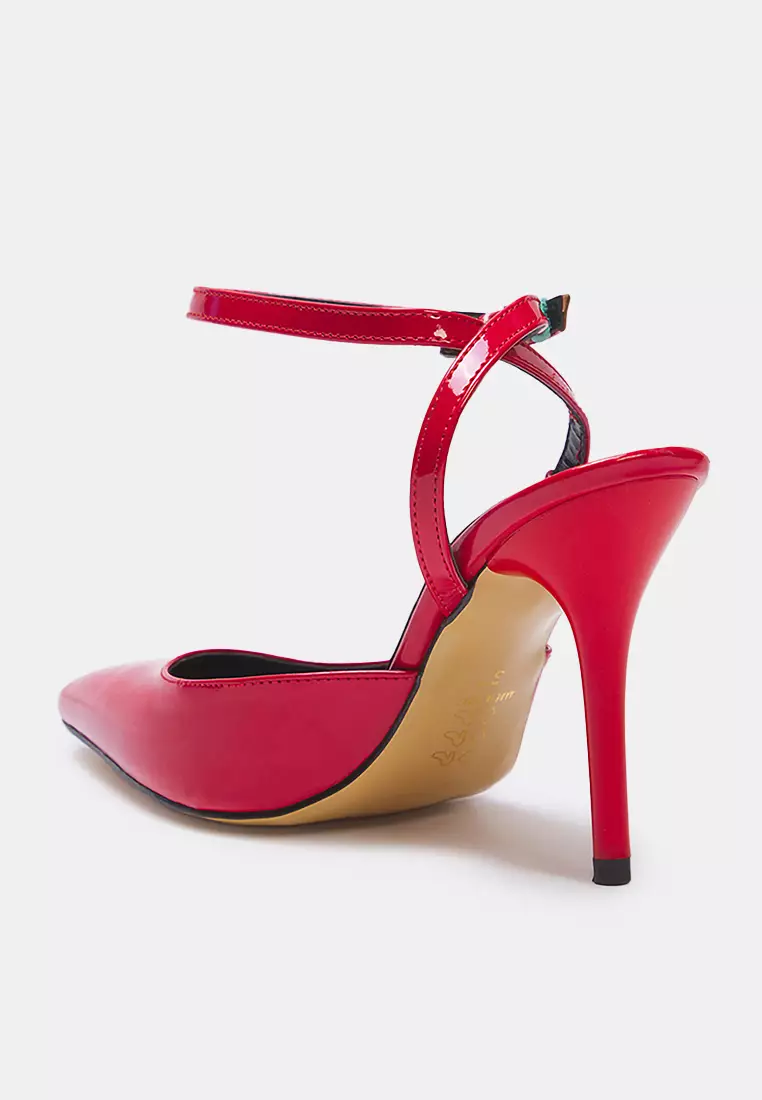 Red Patent Leather Ankle Strap Pointed Toe Women Classic Thin Heels Shoes Takss25To00081