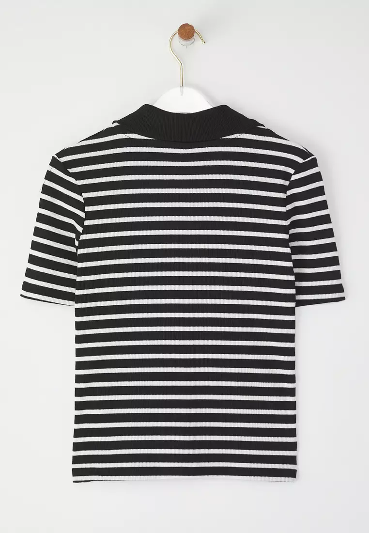 Black Striped Fitted/Fitted Stretch Knitted Blouse Twoss25Bz00544