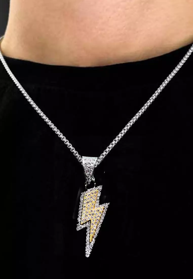 Aksesoris Pria Studded Lightning Pendant Necklace Kalung Pria Titanium Silver & Gold