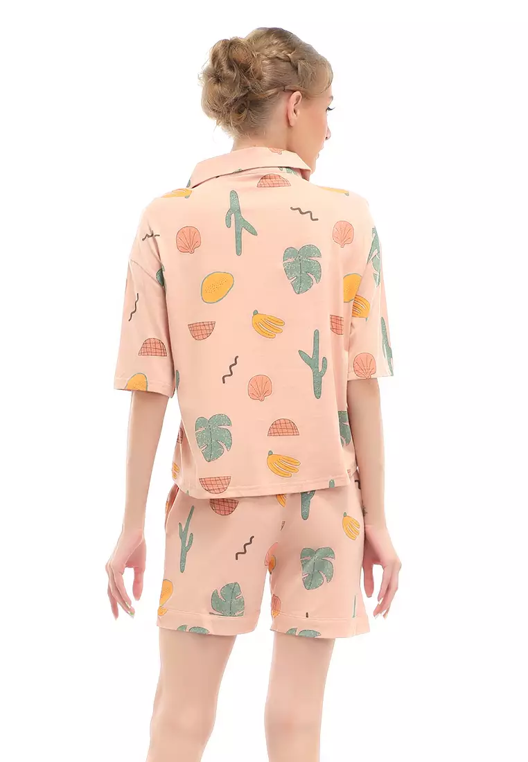 Vance Setelan Piyama Baju Tidur Wanita Celana Pendek Hotpant Motif Cactus Material Spandex ORIGINAL - Pink