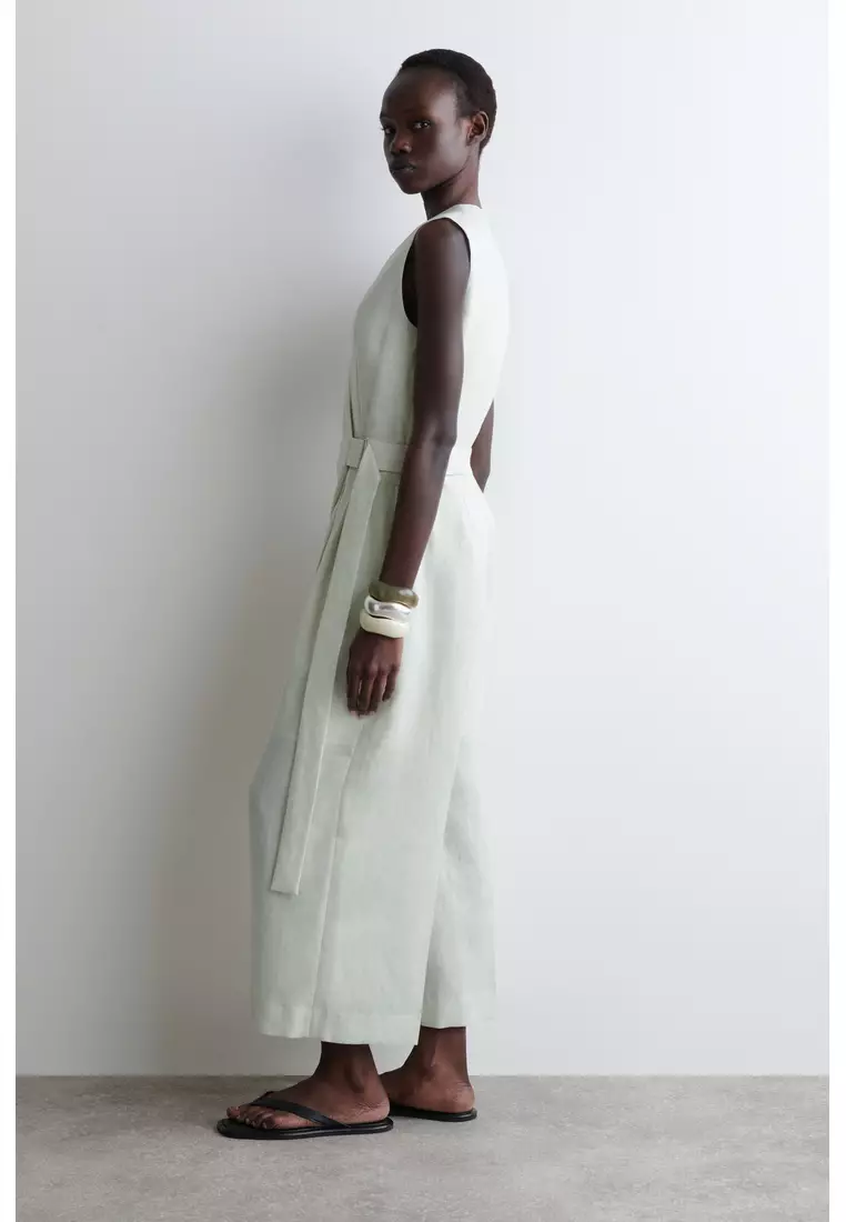 WRAP-FRONT LINEN JUMPSUIT
