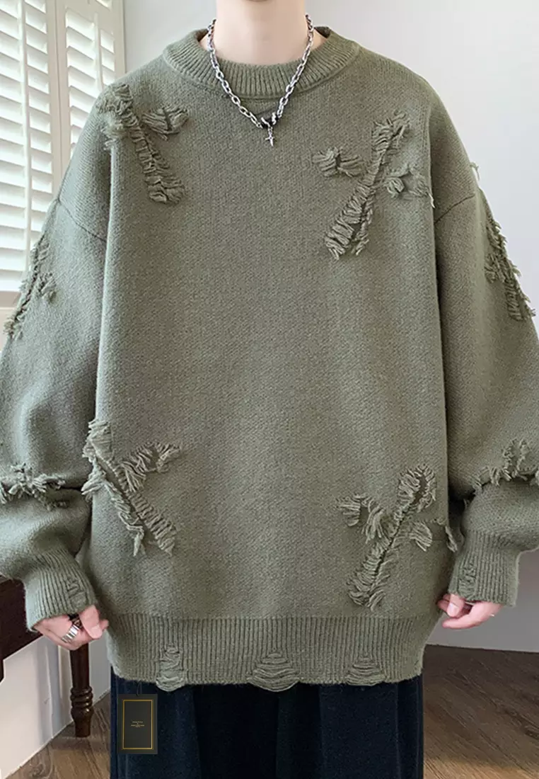 Ripped Jacquard Knit Sweater AY-H24658