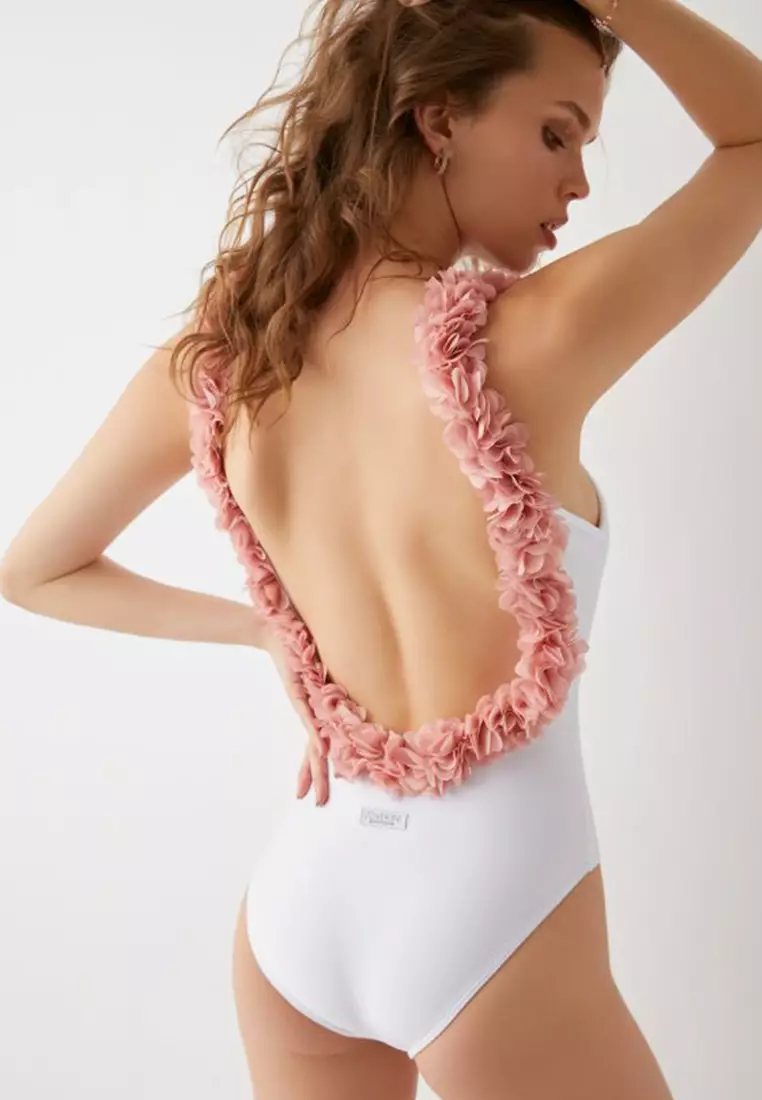 Sexy Backless Floral Collar Cover Belly Triangle One-Piece Swimsuit A22031711W