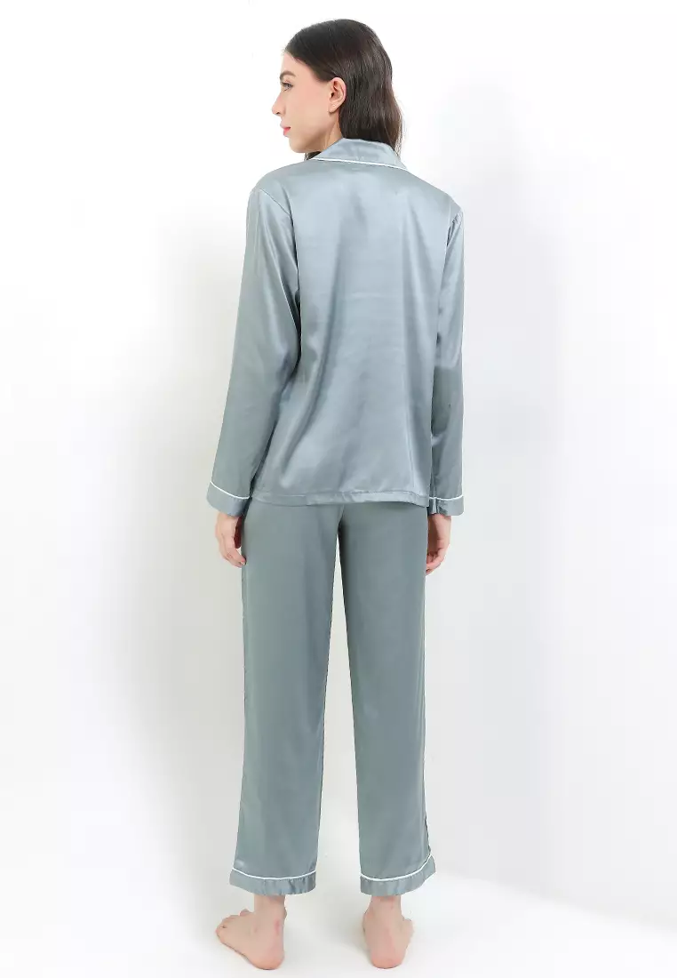 Piyama Pyjama Baju Tidur Satin Silk Long Sleeve Long Pants Kantong Celana Kanan Kiri Sleepwear
