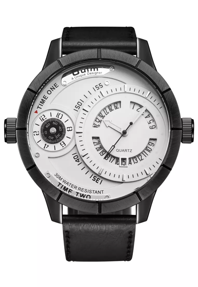 Very Large Men's Quartz Watch - 52x52mm - IP Black Steel case, White Dial, Black Strap