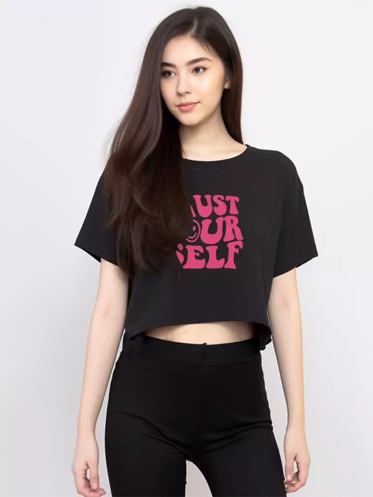 LTF15 kaos oversize crop top longgar wanita trust yourself hitam