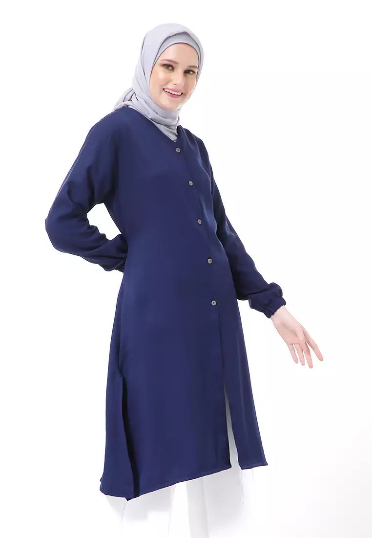 Indira Long Tunik Muslimah Atasan Wanita Long Sleeve Casual Premium Quality - Navy