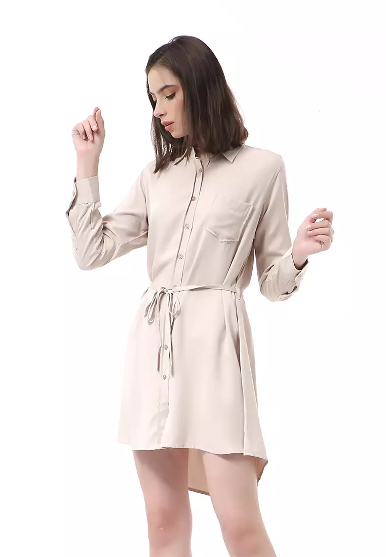 Rachel Dress Wanita Model Kemeja Full Kancing Long Sleeve Material Twill Rayon ORIGINAL - Khaki
