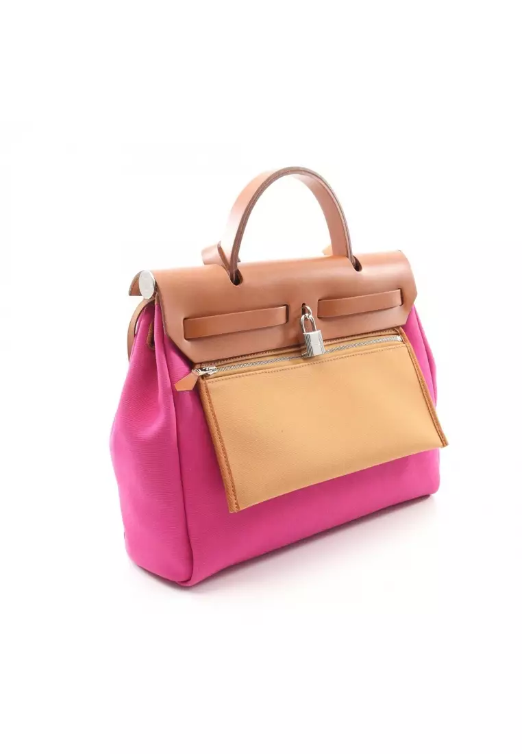 Pre-Loved Hermès herBag Zip PM magnolia Dune Handbag toile ash vache hunter Pink purple light brown silver hardware 2WAY Y stamp