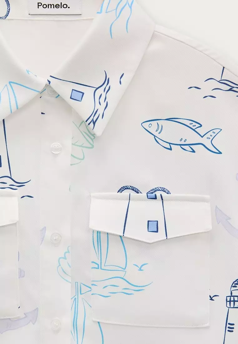 Nautical Sketch Cropped Shirt - White