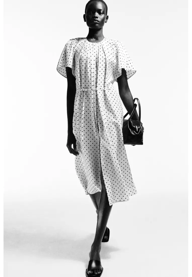 PLEATED BELTED MIDI DRESS