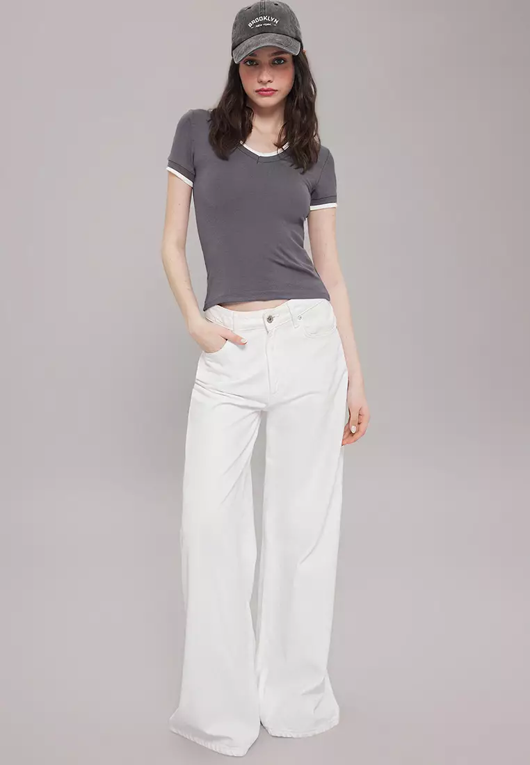 Anthracite Color Block Fitted Stretch Knit Blouse