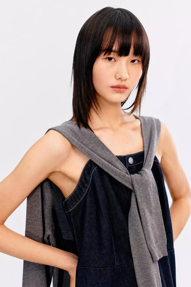 Asymmetric denim strappy dress