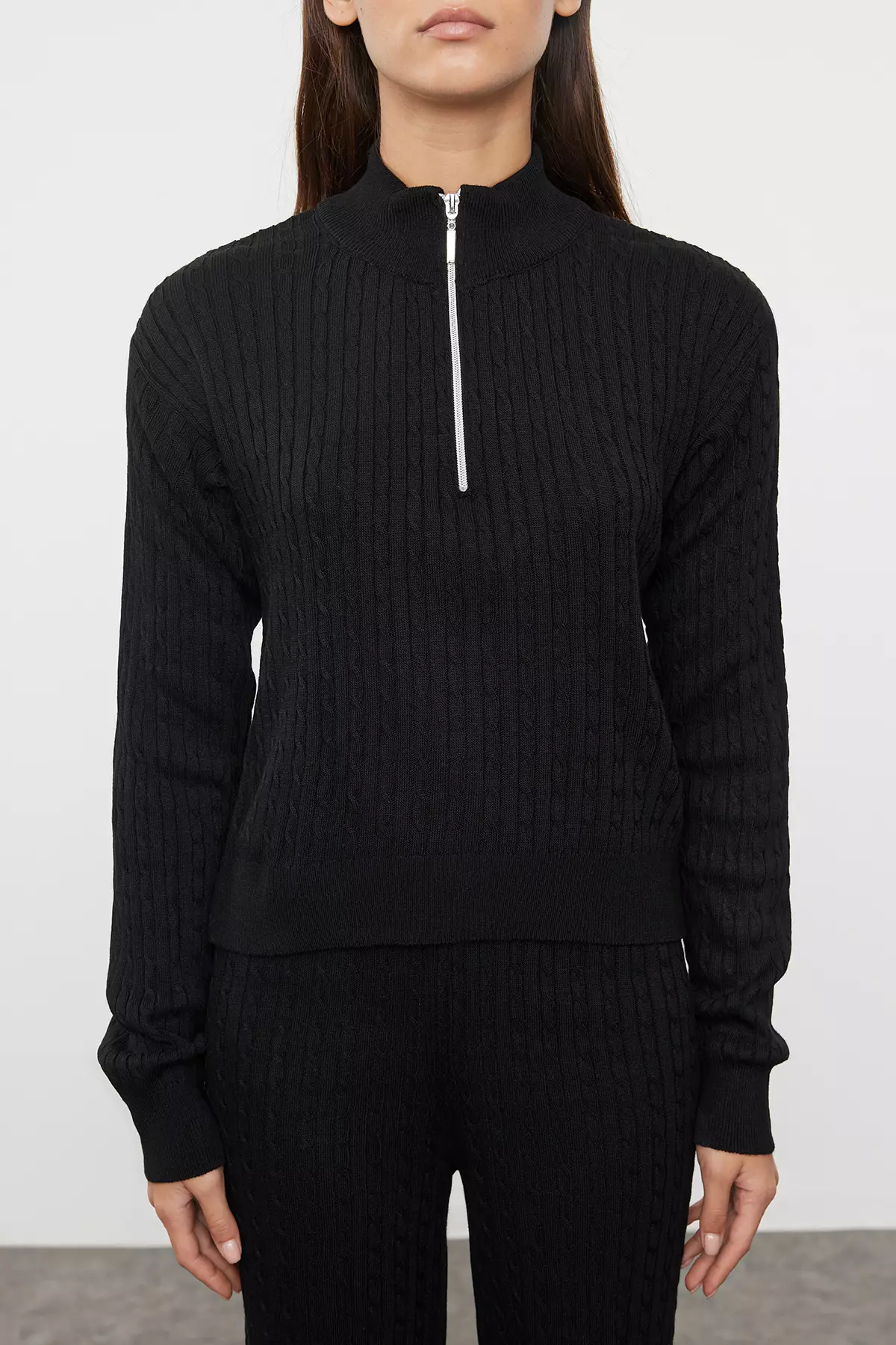 Black Zippered Knitwear Bottom-Top Set TWOAW25AU00059