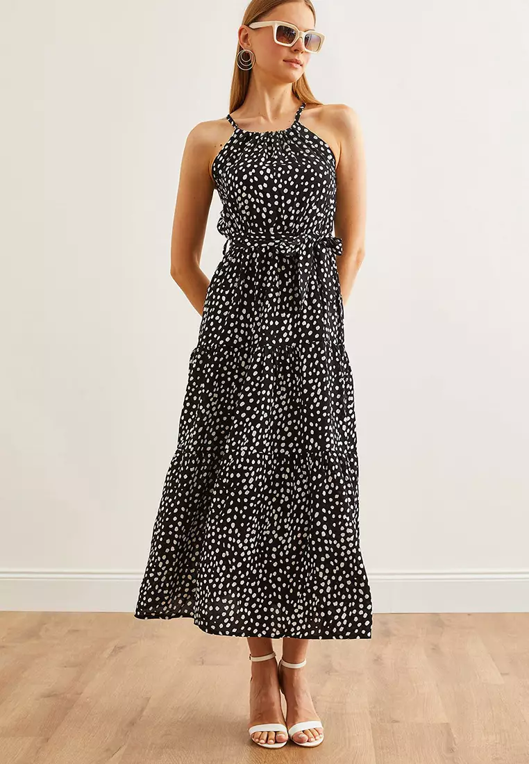 Halter Neck Belted Woven Viscose Dress