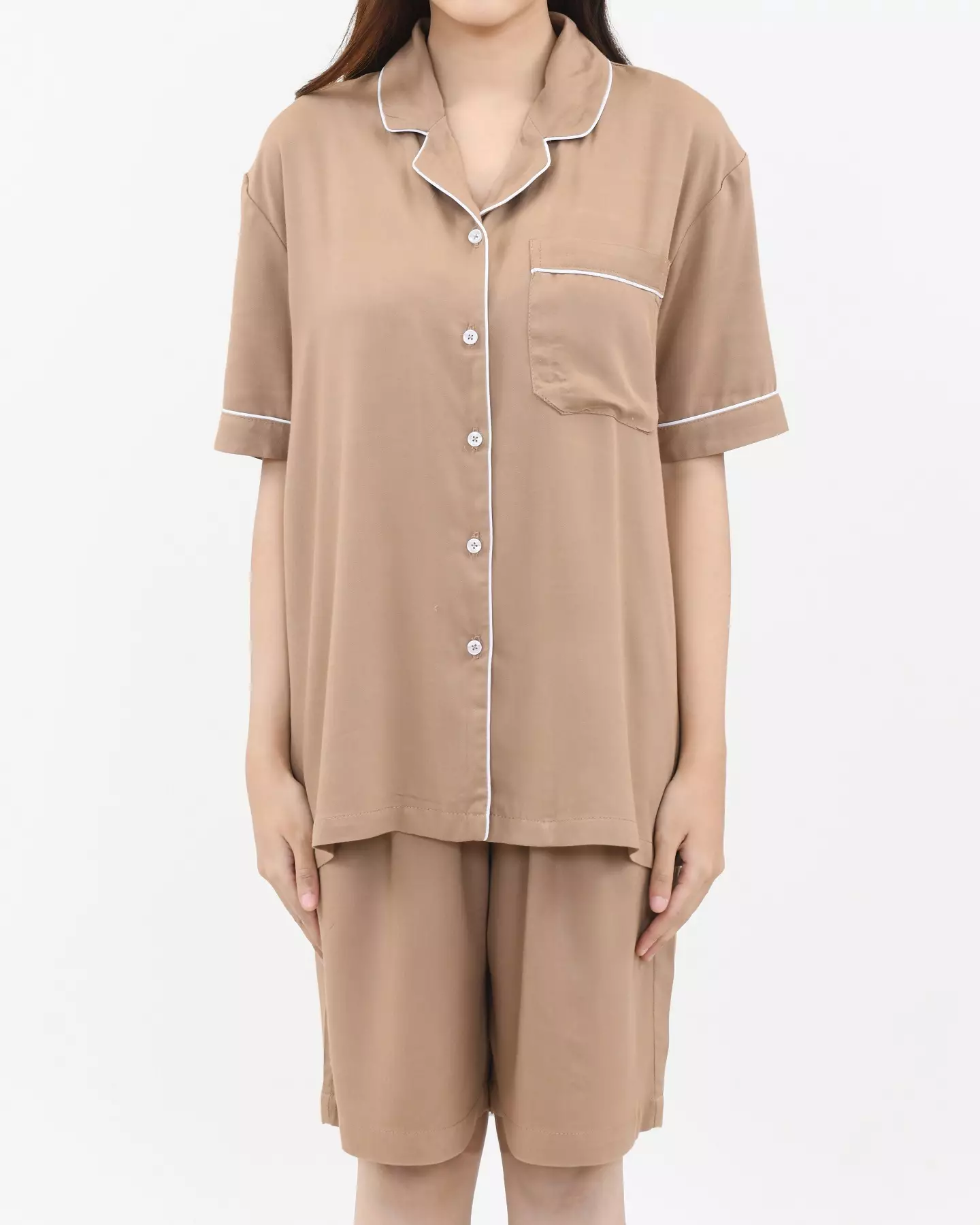 Setelan Piyama Katun Wanita Keisha [COKLAT] SIZE L-XXL Baju Tidur Short Sleeve Short Pants Plain Sleepwear