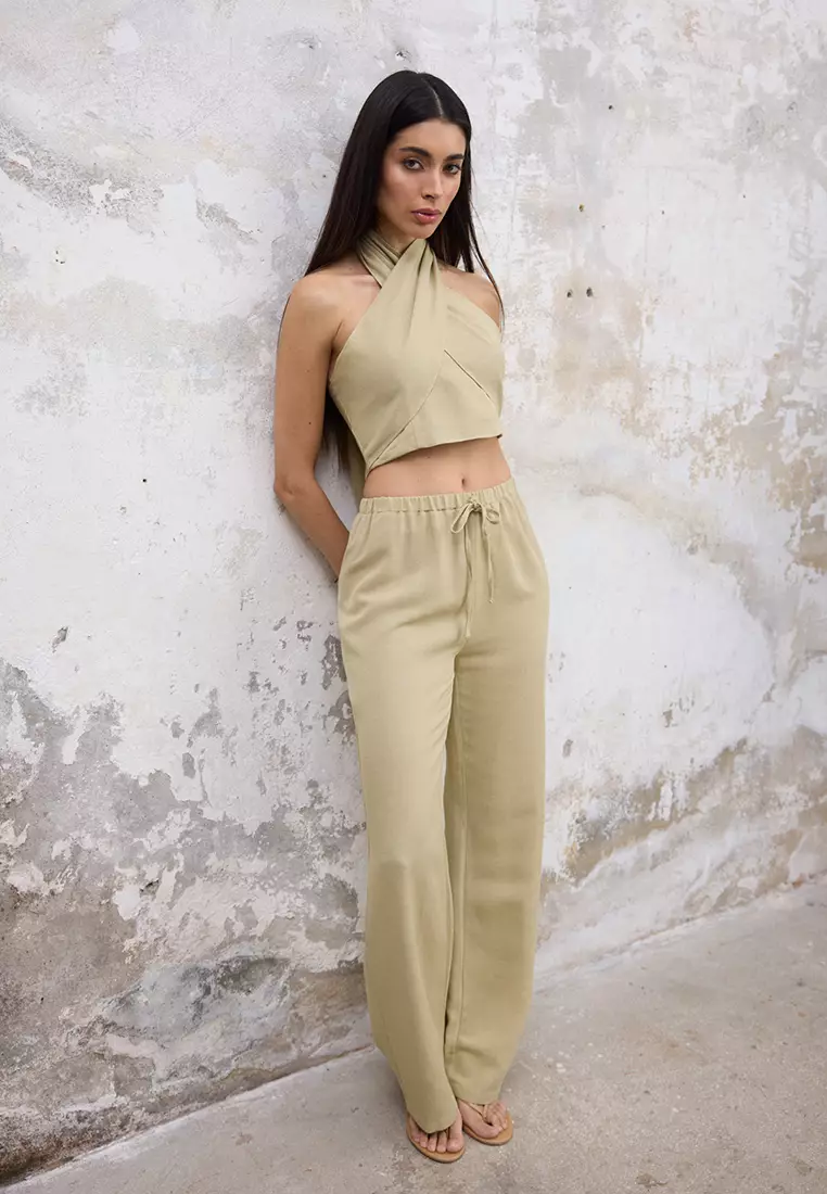 Light Khaki Linen Woven Blouse Trousers Top-Bottom Set TWOSS25AU00108