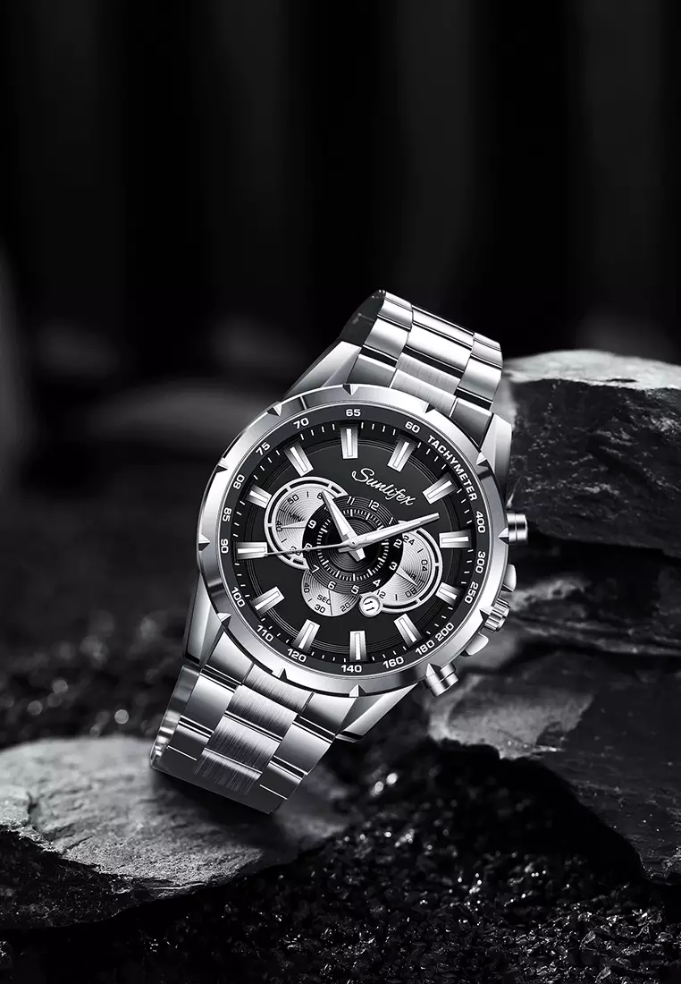 Jam Tangan Pria 3351 Kalender Kuarsa Jam Tangan Cowok Santai Tali Stainless Steel Original silverblack