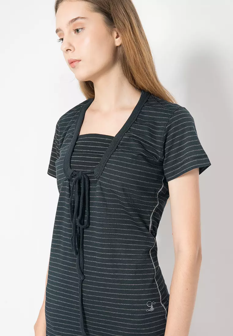 LGS - Kaos Casual Wanita - Lengan Pendek - Motif Salur - Navy - LLTS.520.HD241.028.7C