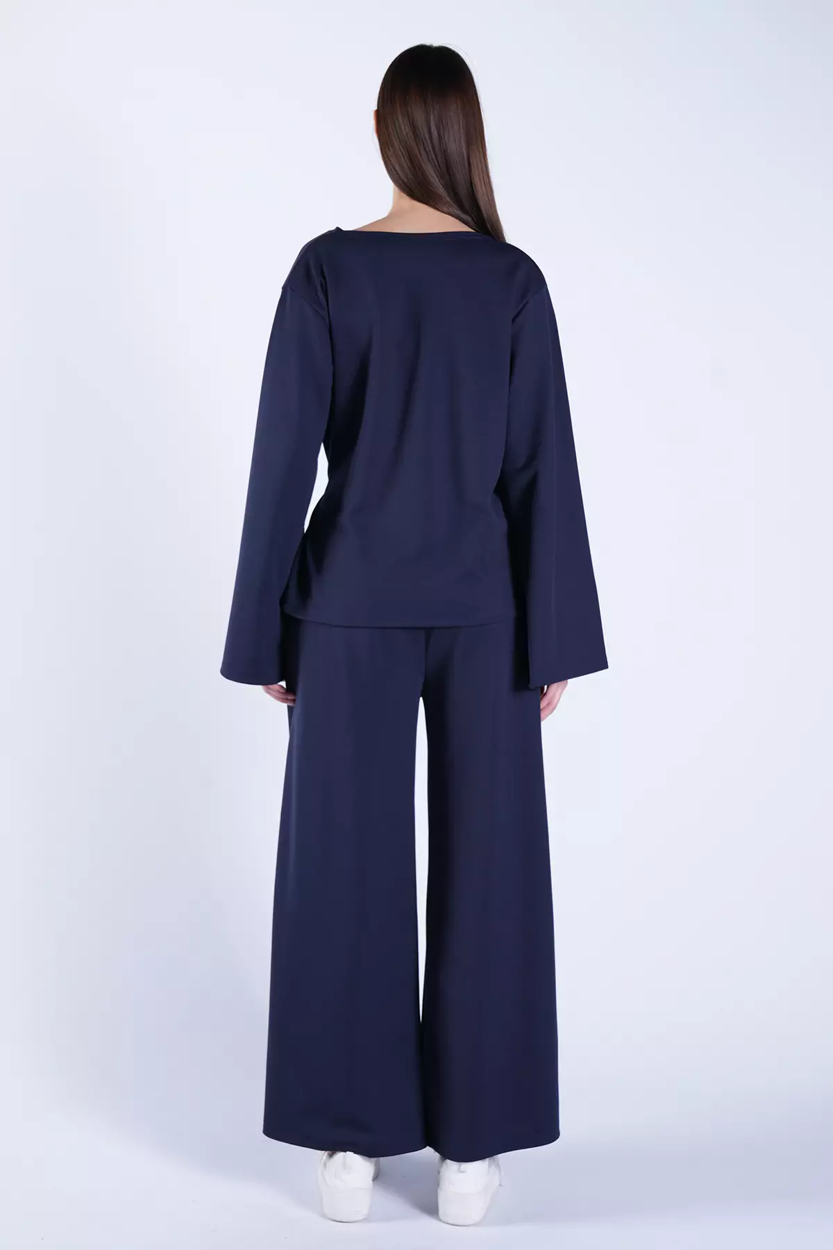Women'S Navy Blue Crew Neck Knitted Jacket With Tie Detail And Double Pocket Trousers Set Alc-X15050