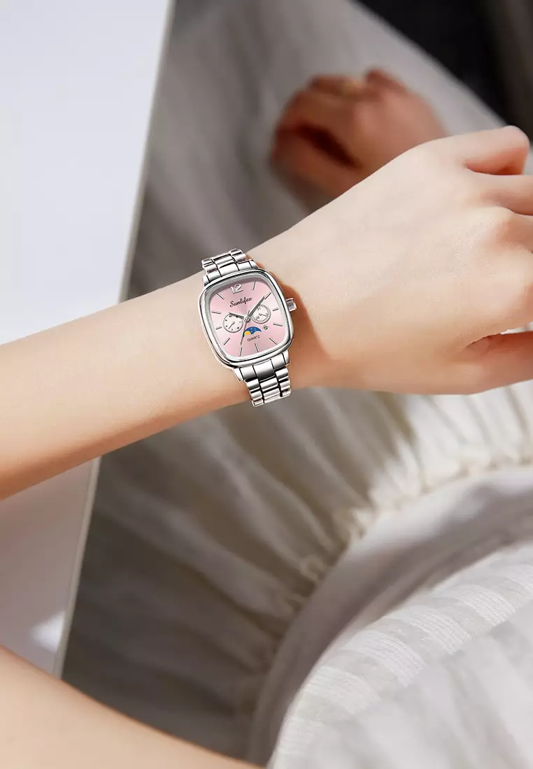 Jam Tangan Wanita Original Kalender Kasual Korean Style Tali Paduan Jam Tangan Cewek B006 silverpink