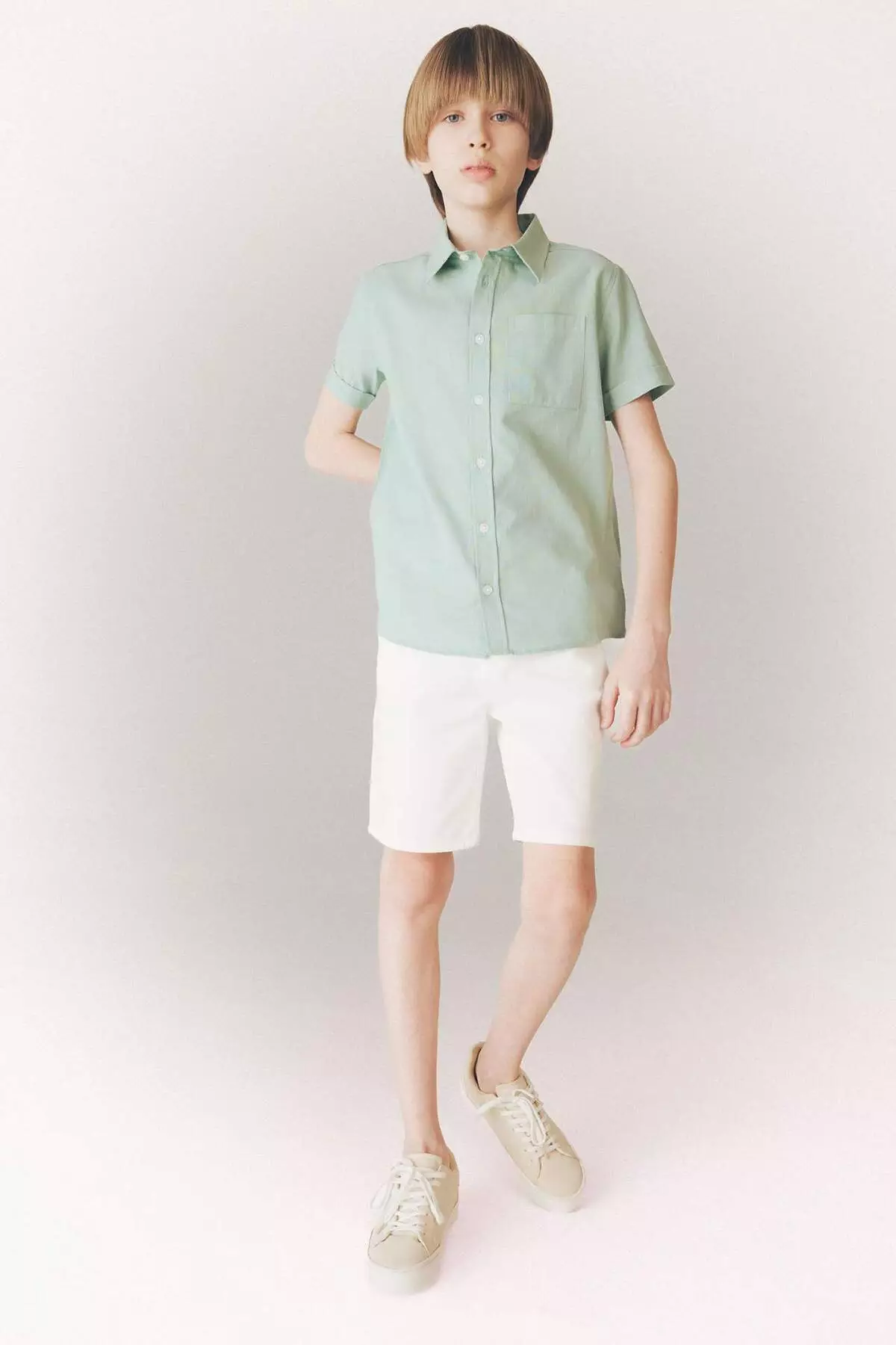 Boy's Polo Neck Linen Look Basic Plain Short Sleeve Shirt Z3204A625Sm