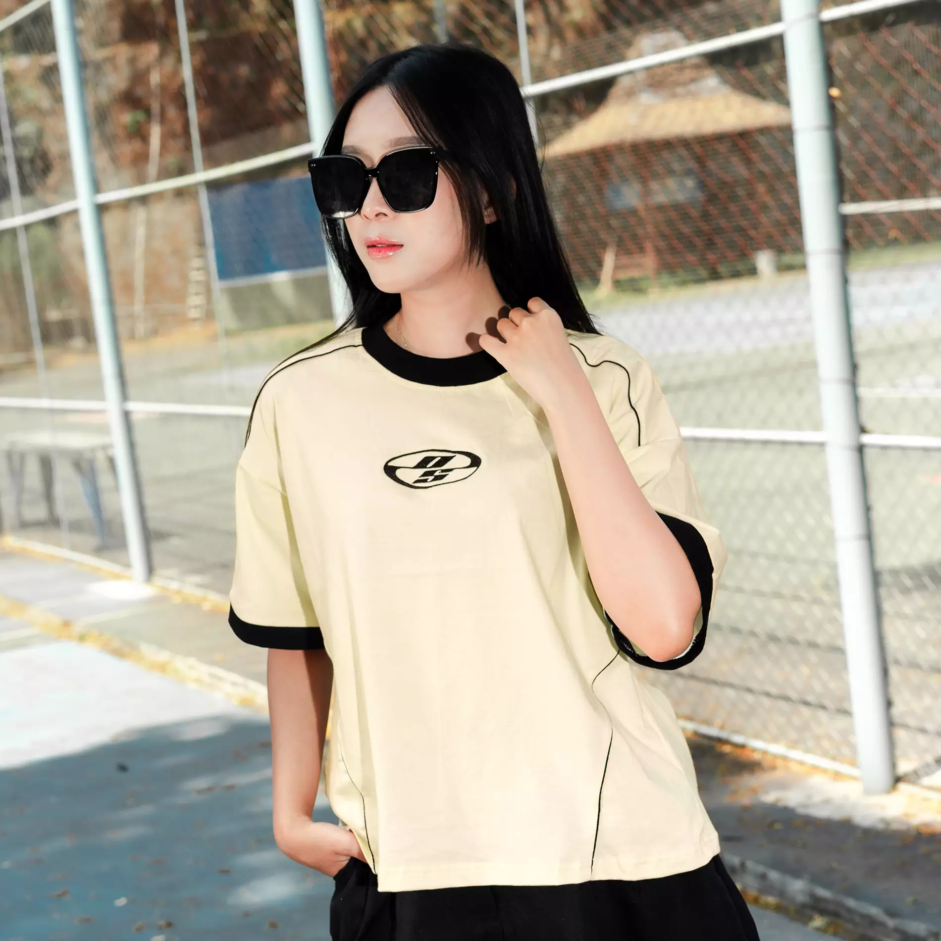 OOTDSUPPLY Oversized Boxy Neocore Embroidery Ringer Line Cream | Oversize Pria & Wanita | Kaos Unisex | OS-OVZ-BX-RL-NE