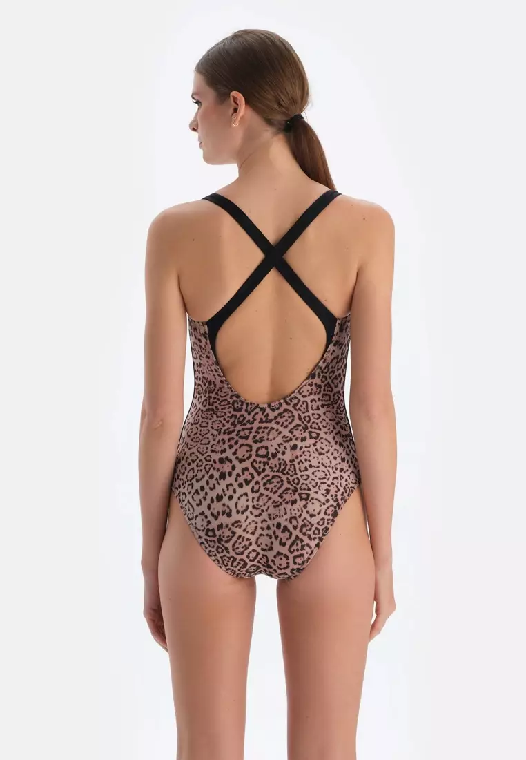 Brown Swimsuit, Leopard Patterned, U Neck, Removable Padding, Non-wired, Swimwear for Women