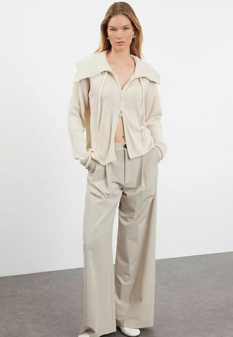 Stone Wide Pattern Zipper Detailed Knitwear Cardigan Twoaw23Hi00189