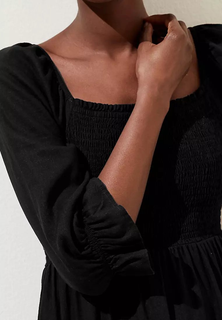 Linen Blend Square Neck Shirred Midi Dress