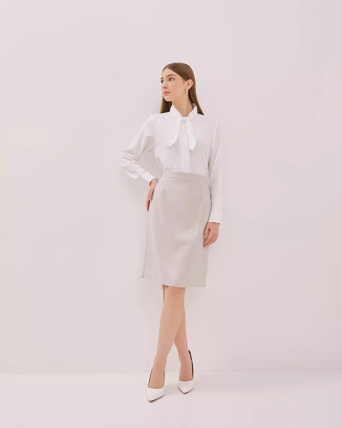 WOMEN'S FORMAL CREAM PENCIL SKIRT