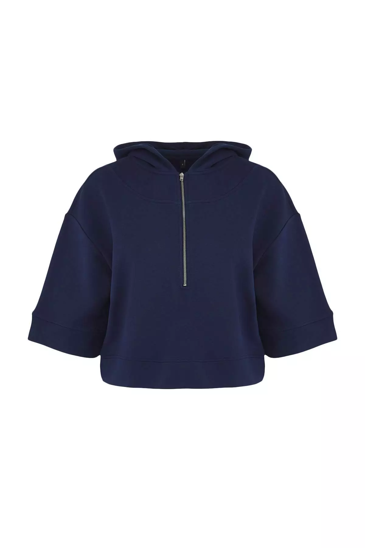 Navy Blue Hooded Zipper Detailed Three Quarter Sleeve Thick Knitted Sweatshirt