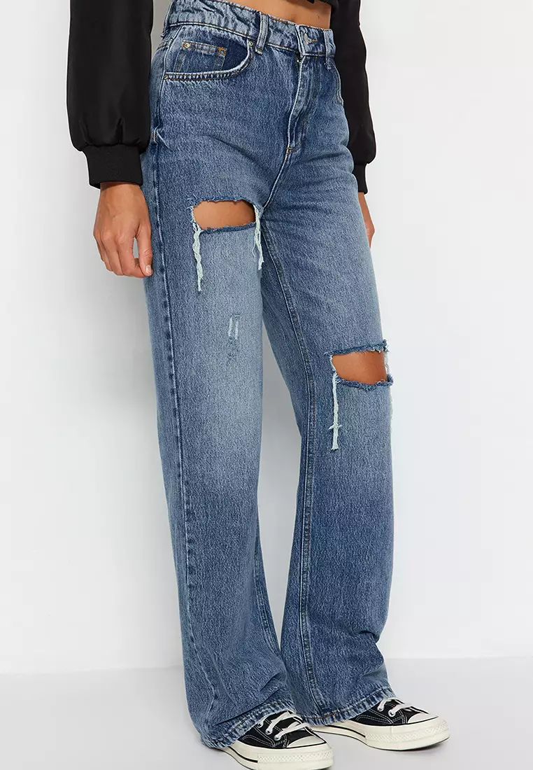 Ripped High Waist Wide Leg Jeans