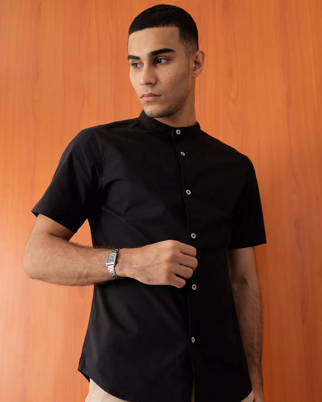 OXCON Kemeja collarless kerah koko Suede Kasual Pria Lengan Pendek Black