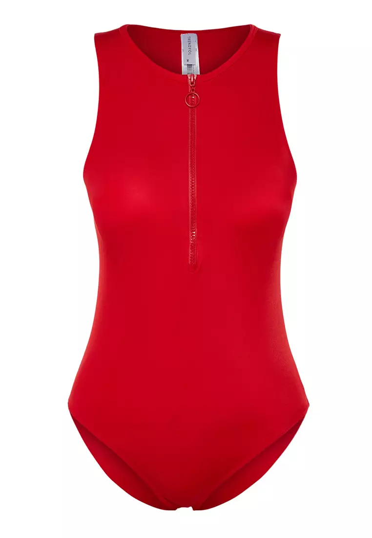 Red new arrivals zip swimsuit