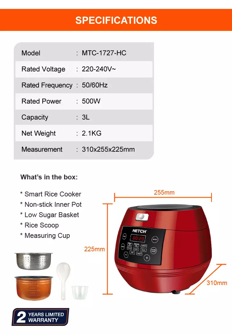 Buy HETCH HETCH Low Sugar Smart Rice Cooker 3L MTC1727HC 2024 Online
