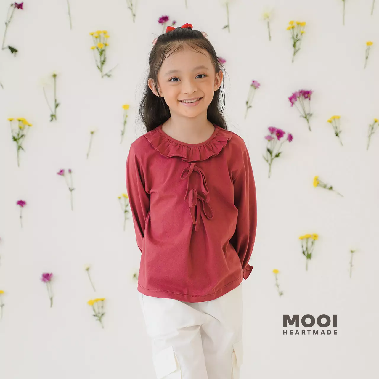 Mooi Atasan Anak Perempuan Nara Ruffle Top - Red Berry