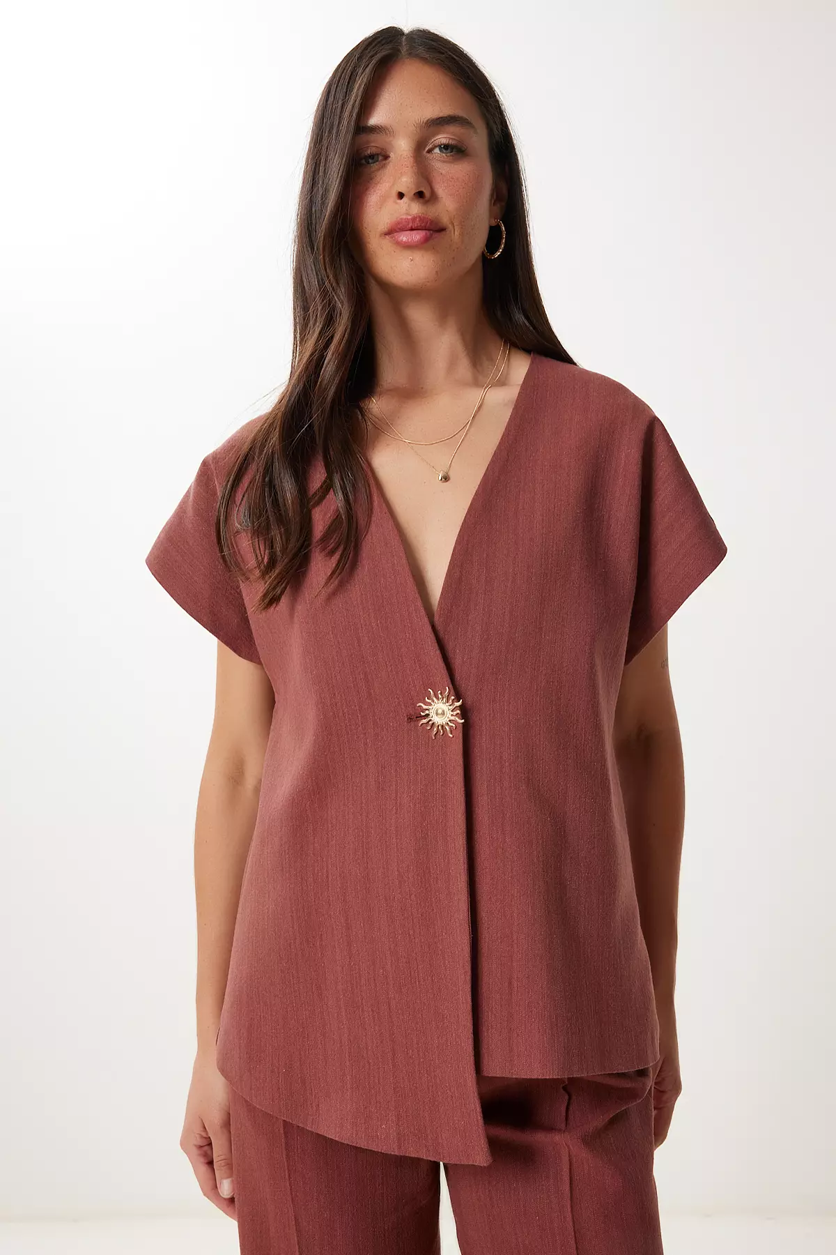 Women Tile Stylish Buttoned Linen Blouse Pants Suit No00029