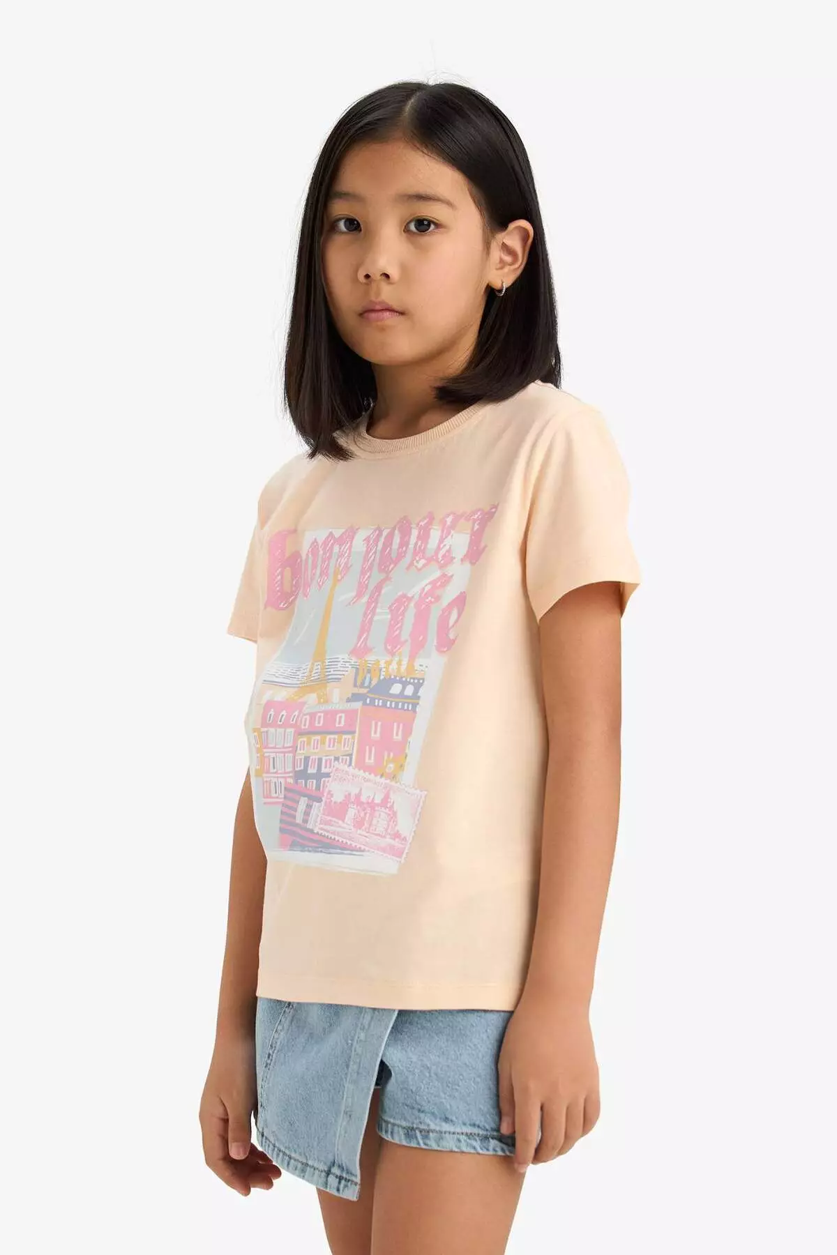 Girl's Crew Neck Anime Printed Short Sleeve T-Shirt E0350A825Sm