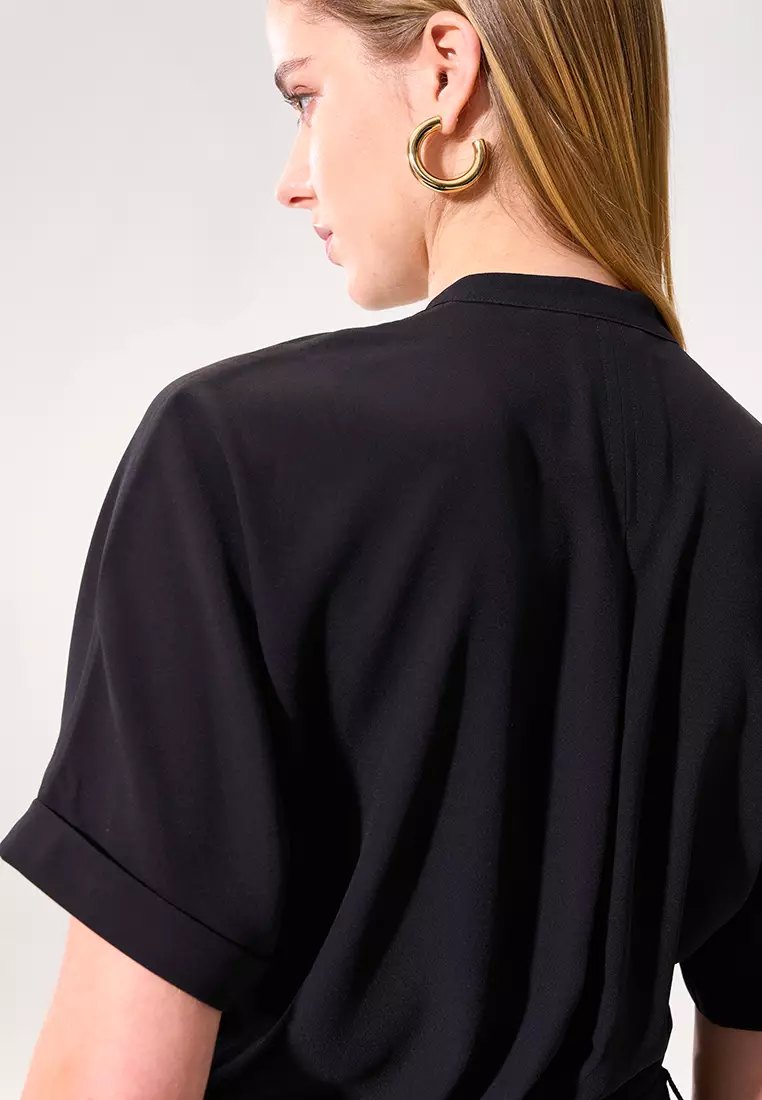 Black Color-Block Placket 3/4 Sleeve Top