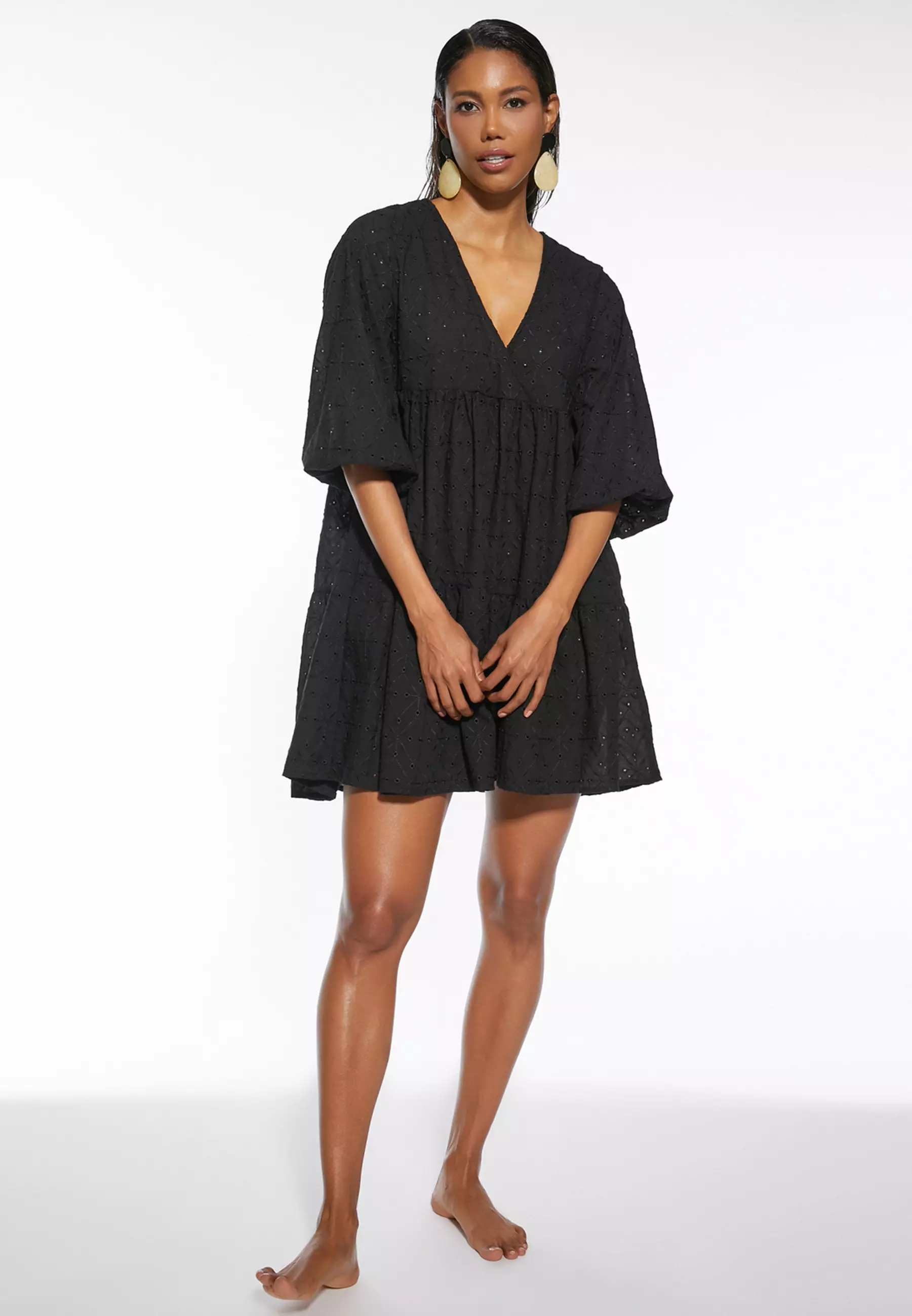 Embroidered Balloon Sleeves V-Neck Mini Beach Dress