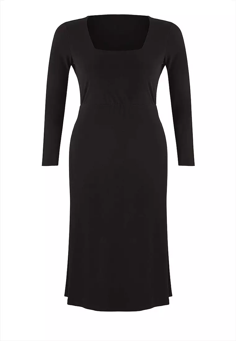 Square Neck A-Line Midi Stretch Knit Dress