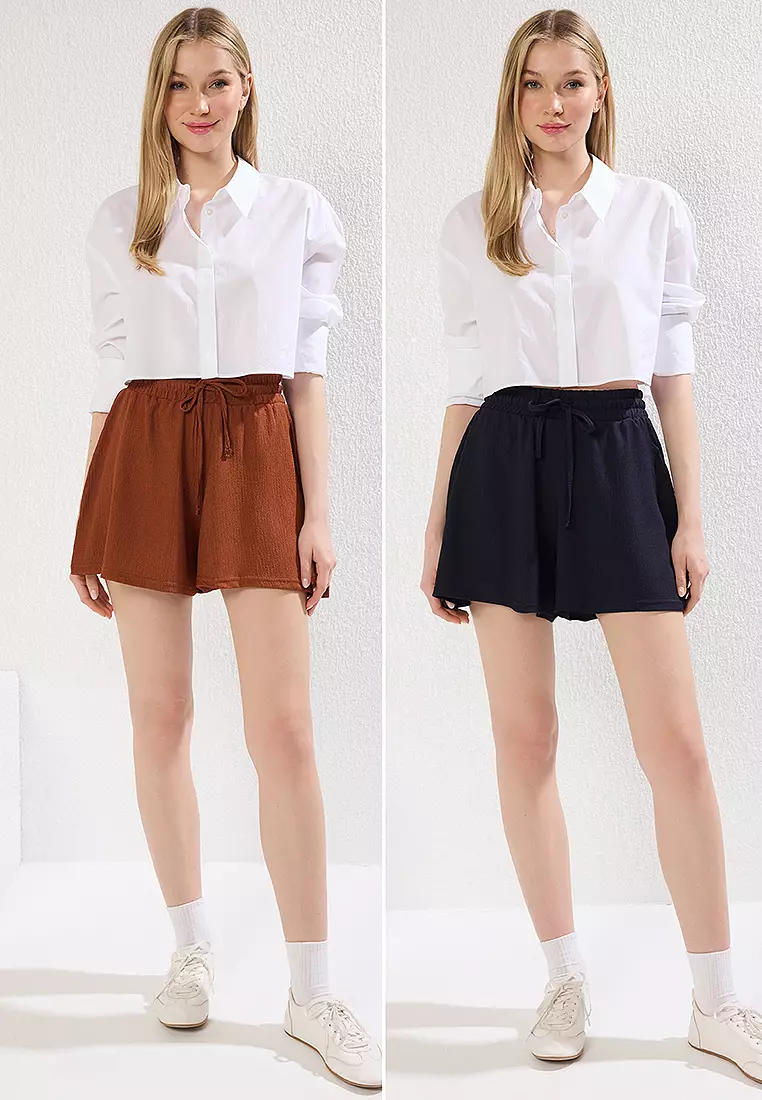 Navy Blue Tile Relaxed Pattern Short Elastic Knit Shorts