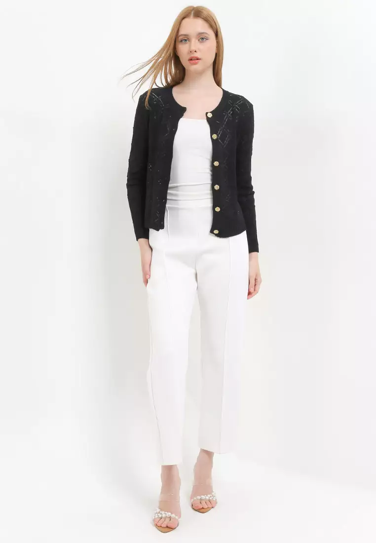 L/S Diamond Pattern Knit Cardigan W/ Rose Buttons